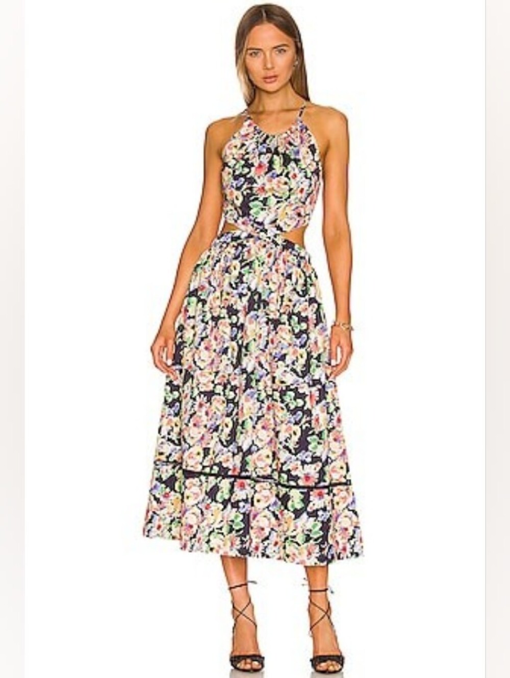Something Navy Romantic Floral Halter Midi Dress
